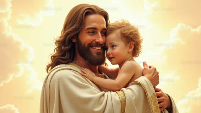 Jesús con bebé en el Cielo - Banco de imágenes católicas - Fotografía por Irene Maciá Doménech