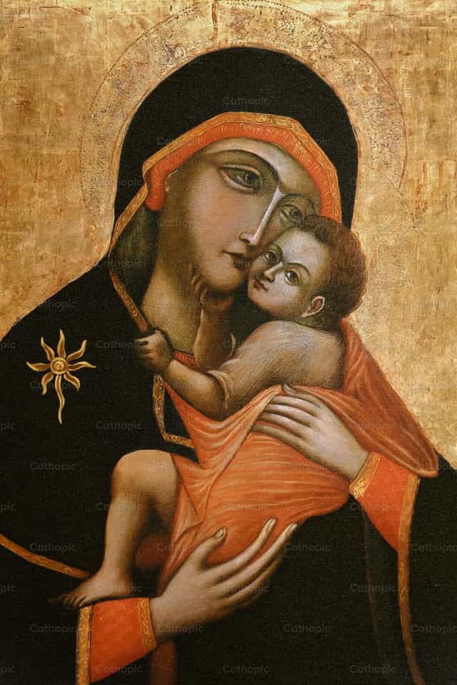 Maria segurando o Menino Jesus Cristo em seus braços - Imagens católicas de stock - Foto de Joan Sutter