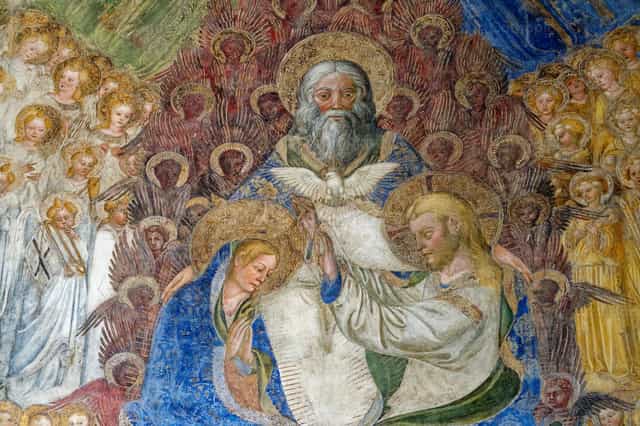 Si Maria sa Langit kasama ang Santísima Trinidad - Mga Catholic stock image