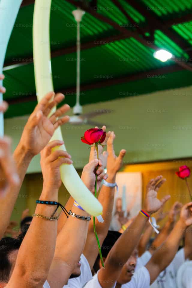 Personas adorando con rosas en sus manos - Banco de imágenes católicas