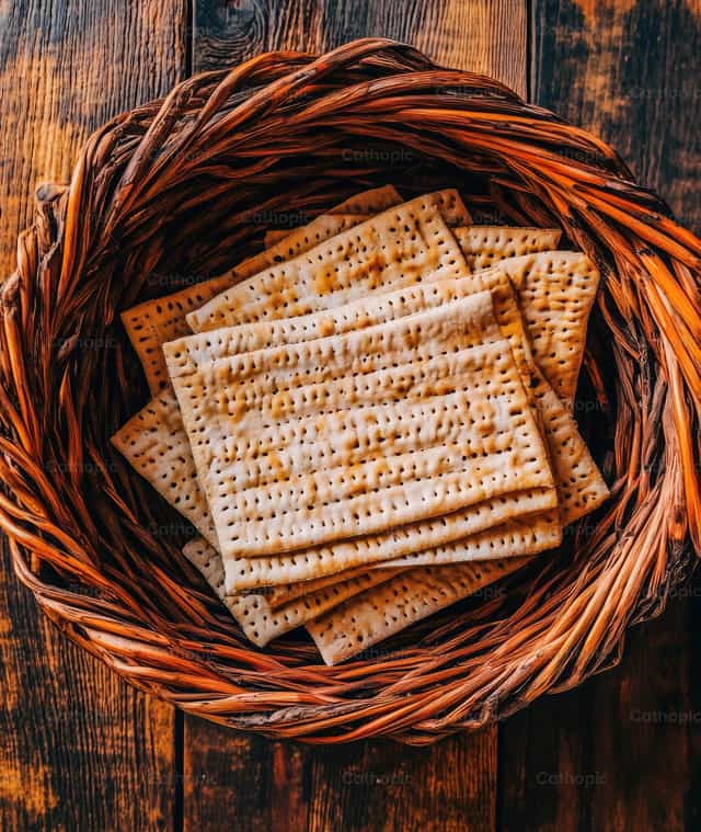 Pão ázimo tradicional repousando em uma cesta de trama sobre uma mesa de madeira rústica - Imagens católicas de stock