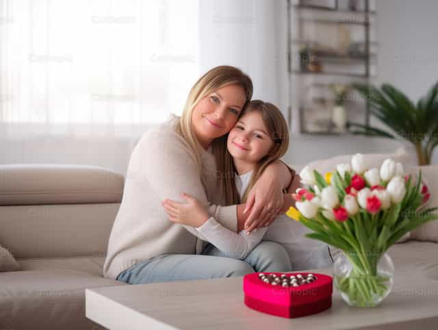 Fille enlaçant sa mère pour la fête des Mères avec des fleurs et des chocolats - Images catholiques de stock