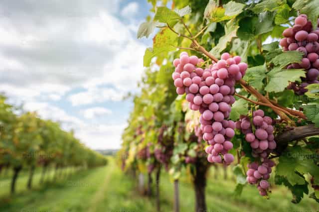Mga kumpol ng rosas na ubas na nakasabit sa baging sa ubasan sa ilalim ng asul na langit - Mga Catholic stock image - Larawan ni Antonio Gravante