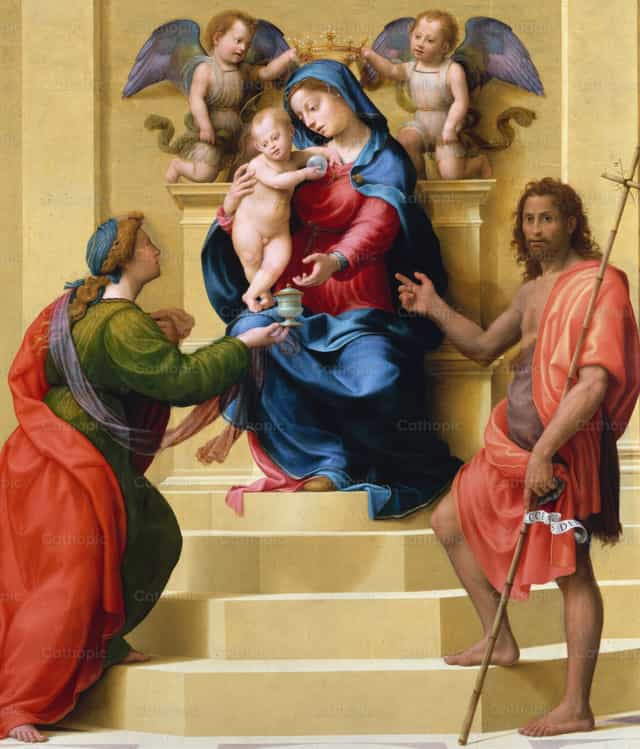 Intronisadong Birheng Maria at Sanggol na Kristo kasama sina Santa Maria Magdalena at San Juan Bautista - Mga Catholic stock image