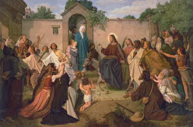 Jézus Krisztus szamárháton lovagolva faluba érkezik, félelemmel és imádattal - Katolikus stockképek - Fotó: Restored Christian Art