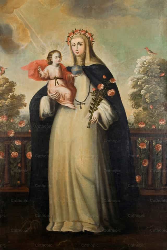Santa Rosa de Lima com o Menino Jesus - Imagens católicas de stock - Foto de Restored Christian Art