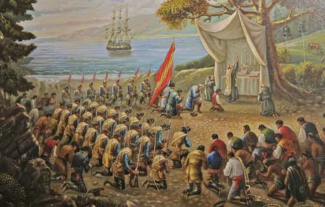 Szent Junípero Serra szentmiséje a partra szállás után - Katolikus stockképek