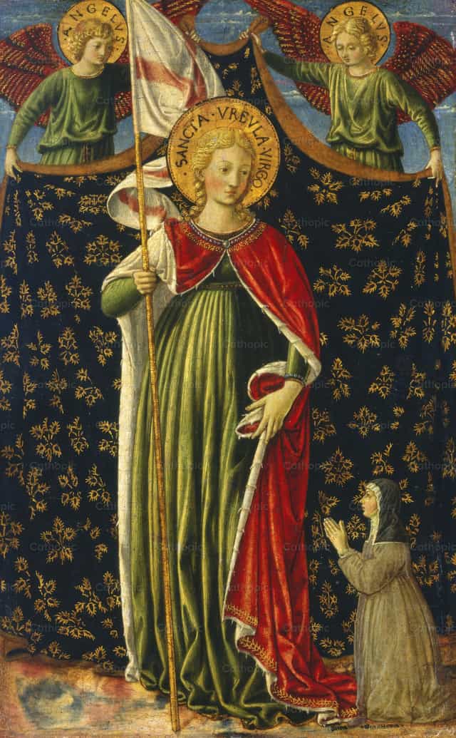 Santa Ursula con due angeli e donatore - Immagini stock cattoliche - Foto di Restored Christian Art