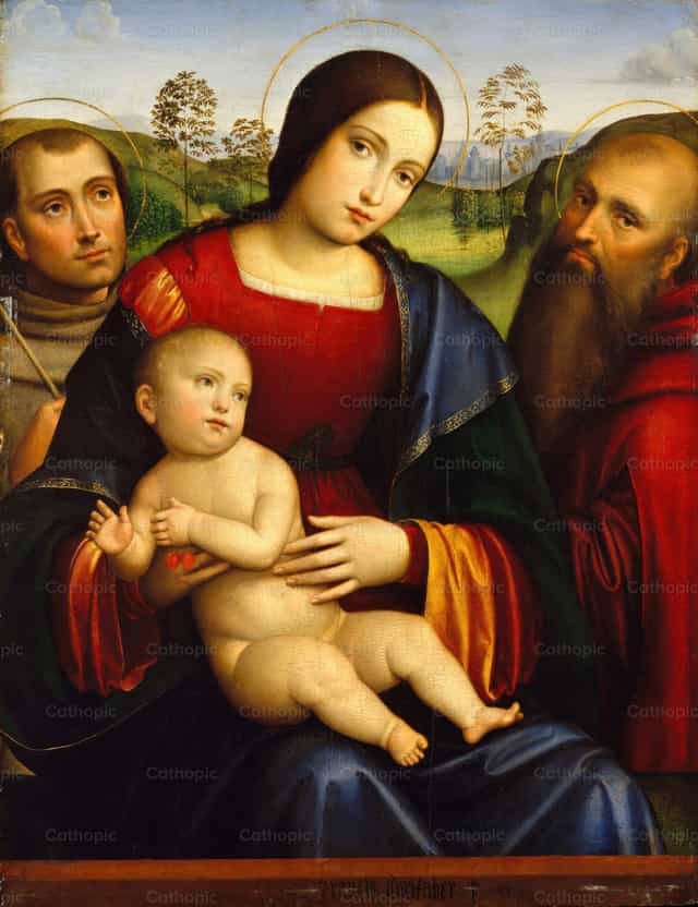 Madonna met Kind en heiligen Franciscus en Hiëronymus - Katholieke stockfoto's
