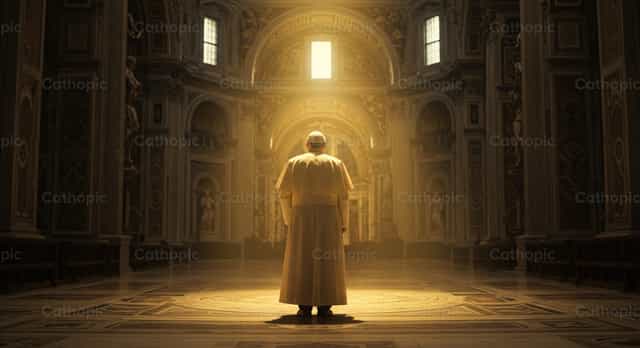 Pape debout sous un faisceau lumineux rayonnant - Images catholiques de stock - Photo de catholicmall.org