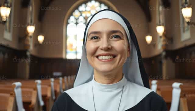 Radosna zakonnica obejmująca swoje powołanie - Katolickie zdjęcia stockowe - Zdjęcie: catholicmall.org