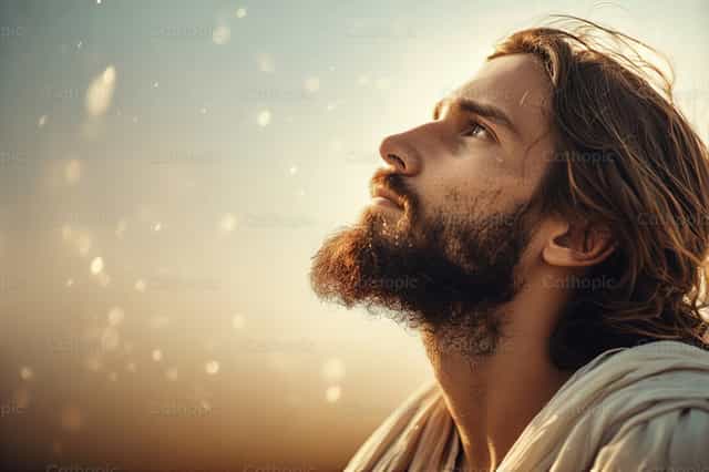 Olhos voltados para o Céu: Jesus confiando no Pai acima - Imagens católicas de stock - Foto de catholicmall.org