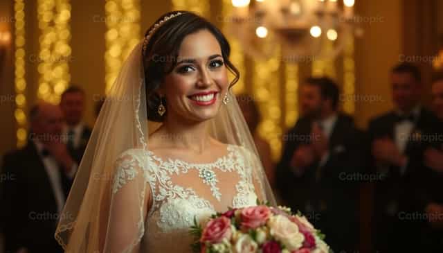 Una novia radiante celebrando su recepción - Banco de imágenes católicas