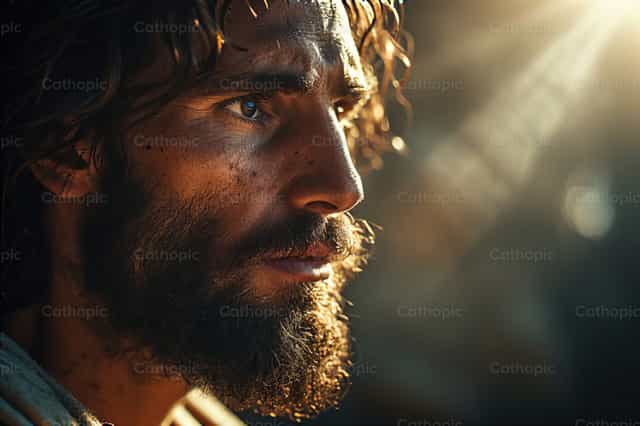 Ritratto laterale drammatico di Cristo Redentore - Immagini stock cattoliche