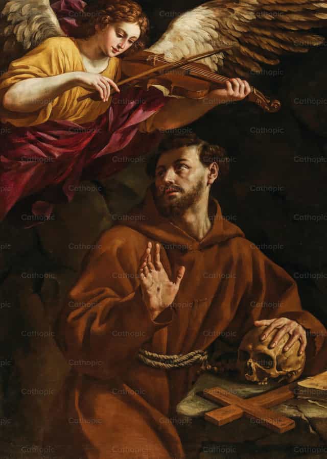 Si San Francisco na pinapawi ng isang Anghel - Mga Catholic stock image - Larawan ni Restored Christian Art