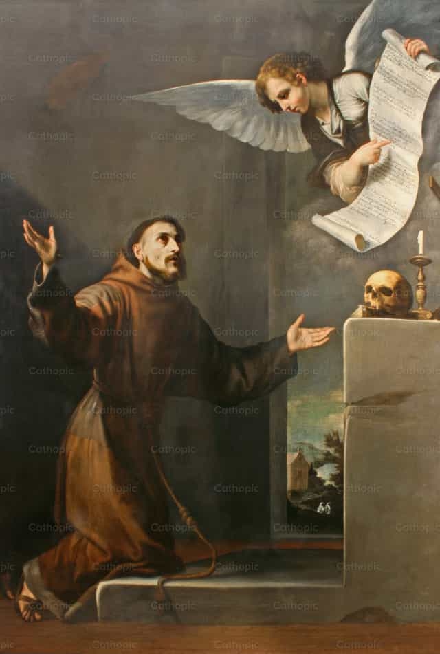 São Francisco Recebe as Sete Prerrogativas do Anjo - Imagens católicas de stock - Foto de Restored Christian Art
