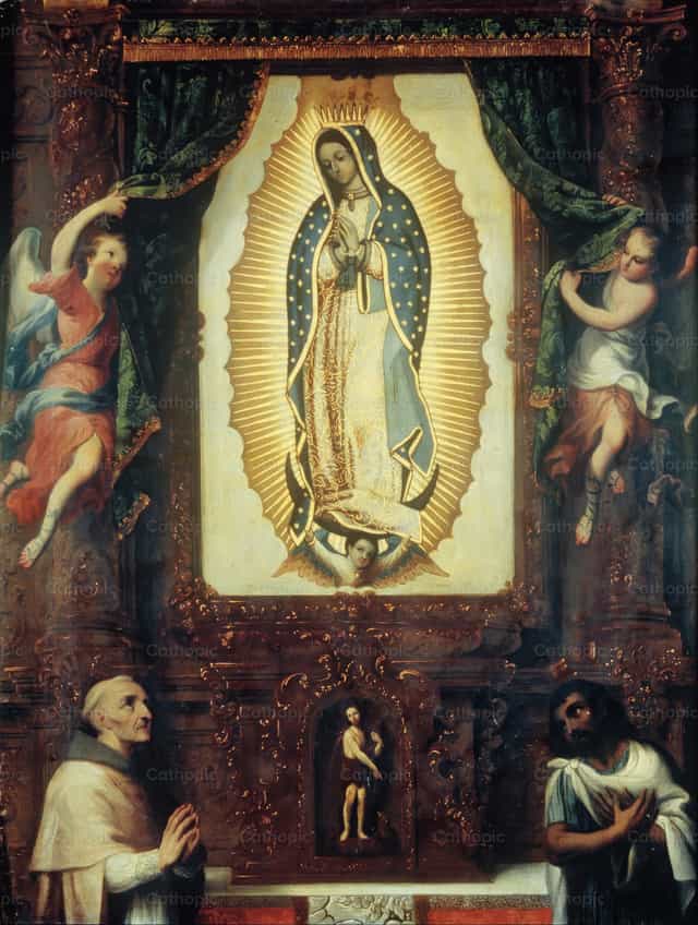 Ołtarz Matki Bożej z Guadalupe ze św. Janem Chrzcicielem, Fray Juanem de Zumárragą i Juanem Diego - Katolickie zdjęcia stockowe