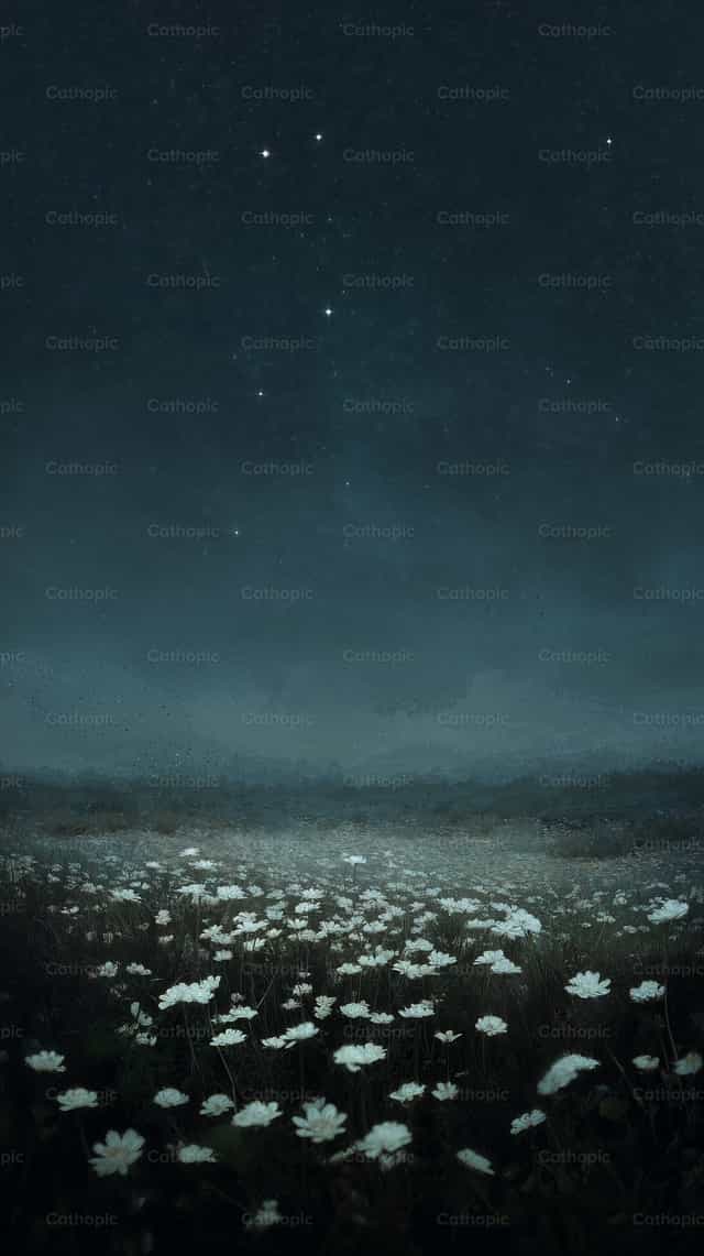 Paysage nocturne avec des fleurs et un ciel étoilé - Images catholiques de stock