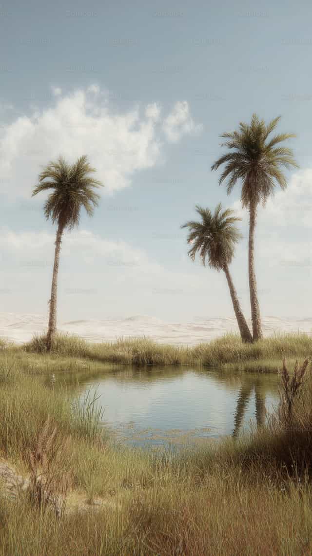 Oasi nel mezzo del deserto con acqua e palme - Immagini stock cattoliche - Foto di Diócesis de Córdoba