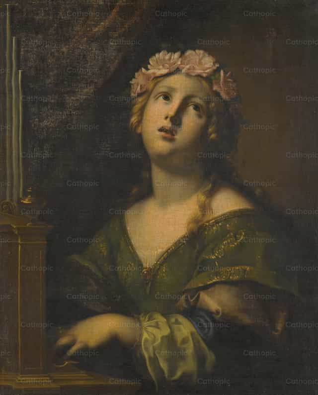 Santa Cecilia con una corona de flores y tocando un piano - Banco de imágenes católicas - Fotografía por Restored Christian Art