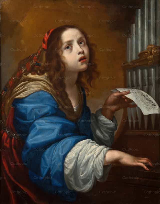 Santa Cecília tocando órgão - Imagens católicas de stock