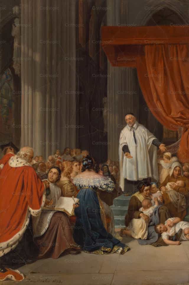 San Vicente de Paúl predica ante la corte de Luis XIII a favor de los niños abandonados - Banco de imágenes católicas