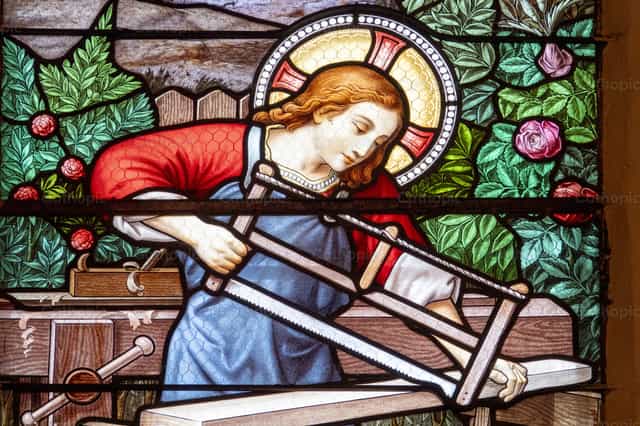 Jesus trabalhando na oficina - Imagens católicas de stock - Foto de Joan Sutter