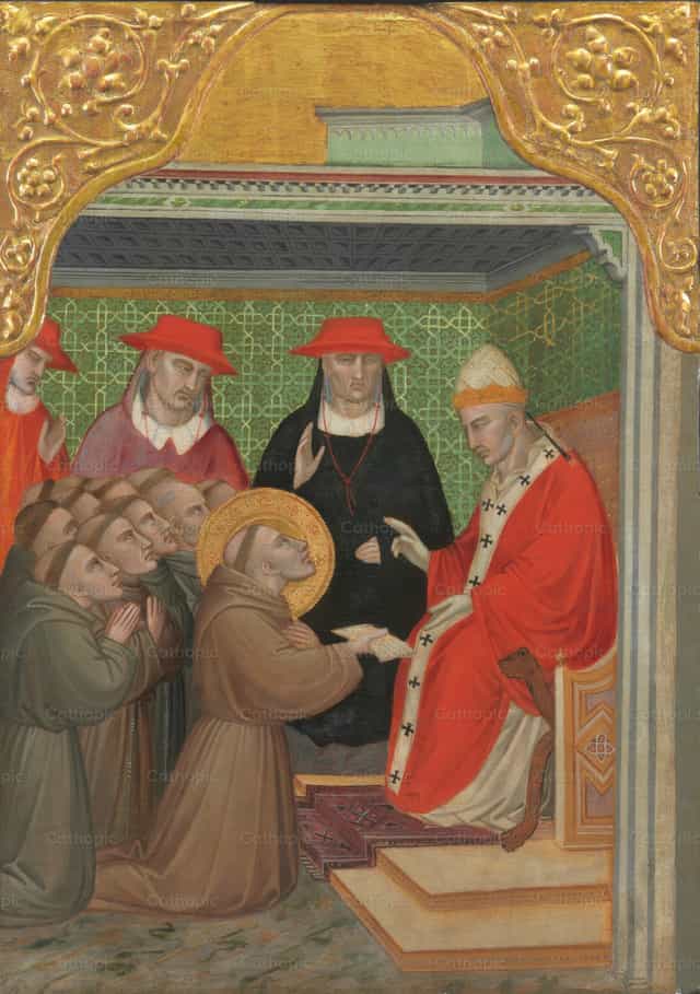 Der heilige Franziskus vor dem Papst (Die Bestätigung der Franziskanischen Regel) - Katholische Stockfotos