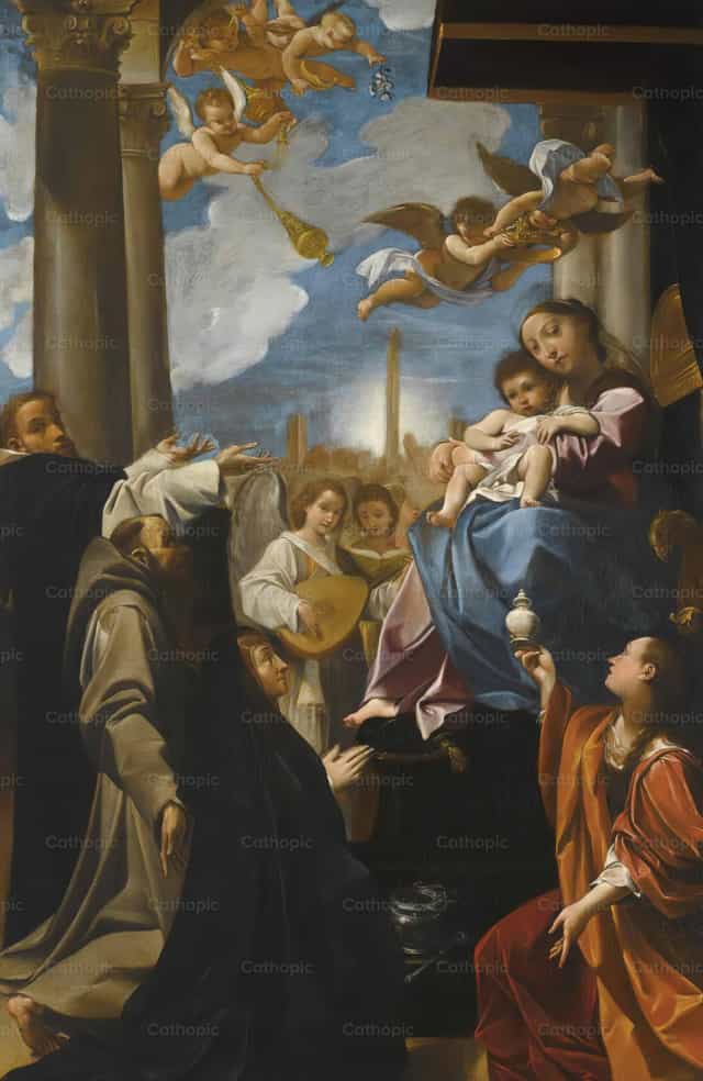 The Madonna And Child Enthroned With Angels, Saint Dominic, Saint Francis, The Magdalene, And A Female Donor - Catholic stock images