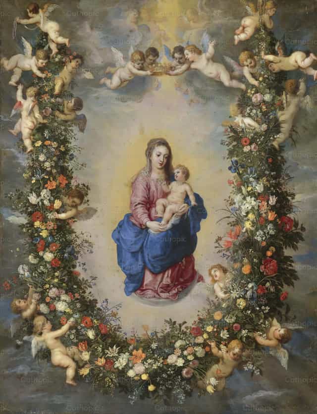 La Virgen y el Niño rodeados por una guirnalda de flores - Banco de imágenes católicas