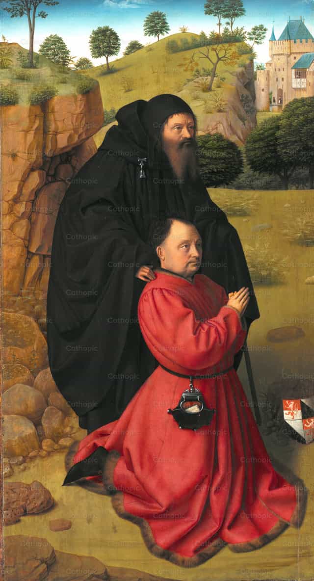 Oltárkép adományozó portréval skarlátvörösben Szent Antal oltalma alatt - Katolikus stockképek - Fotó: Restored Christian Art