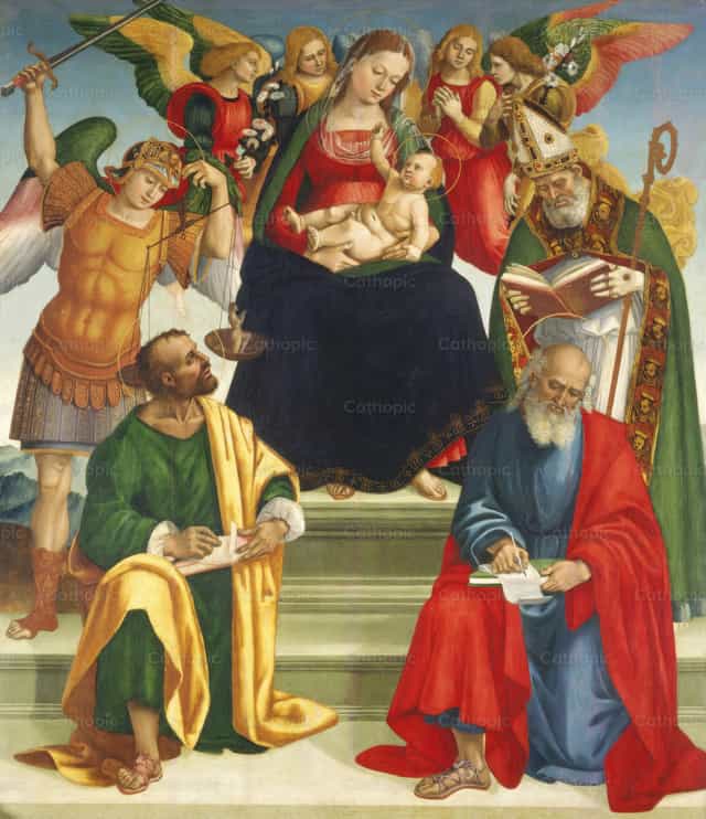 Madonna e Bambino con Santi e Angeli - Immagini stock cattoliche - Foto di Restored Christian Art