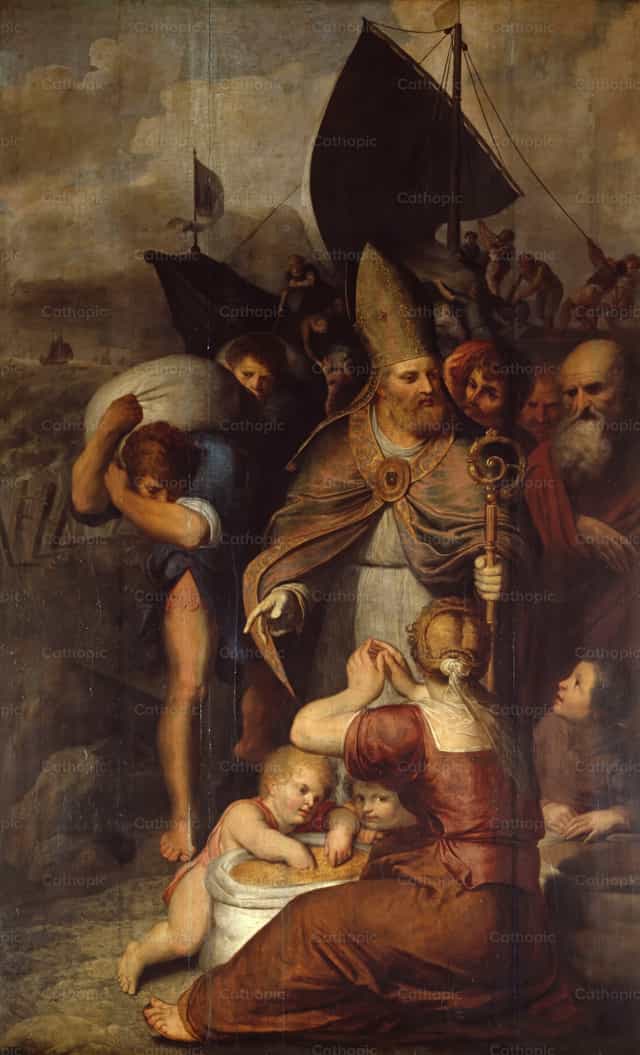 Sa Panahon ng Kagutuman sa Myra, Inililigtas ni San Nicolas ang mga Tao - Mga Catholic stock image - Larawan ni Restored Christian Art
