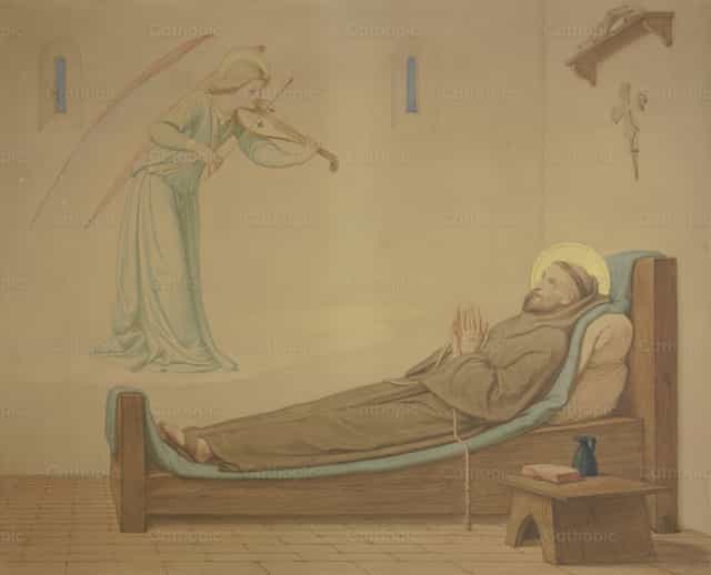 Der heilige Franziskus in seiner Zelle; ein Engel erfüllt das Verlangen des Sterbenden nach Musik - Katholische Stockfotos