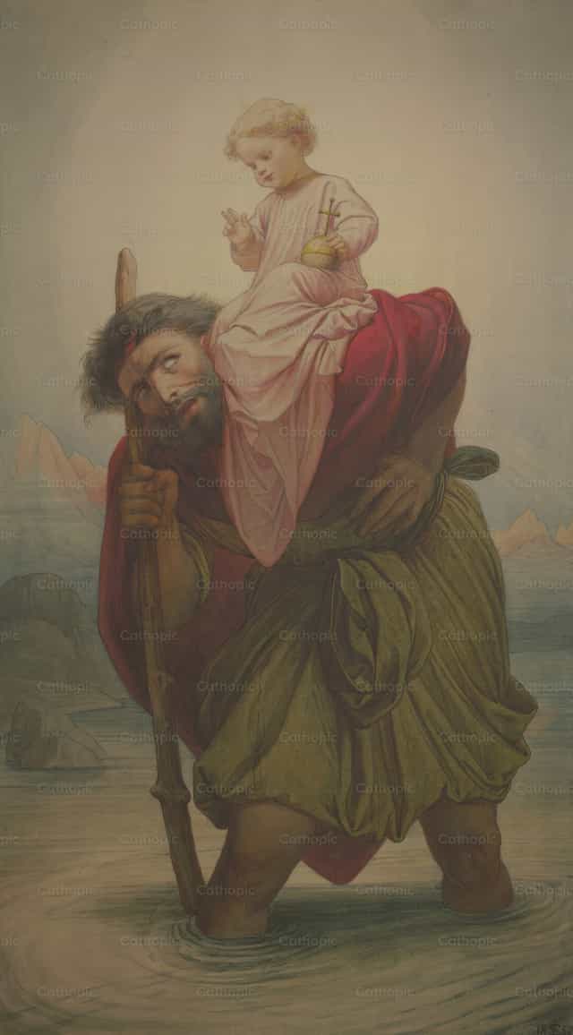 Saint Christopher with the infant Jesus in the river - Catholic stock images