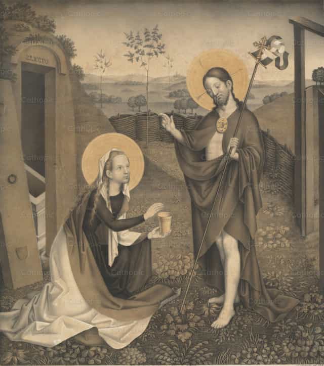 Cristo y María Magdalena en un jardín vallado - Banco de imágenes católicas