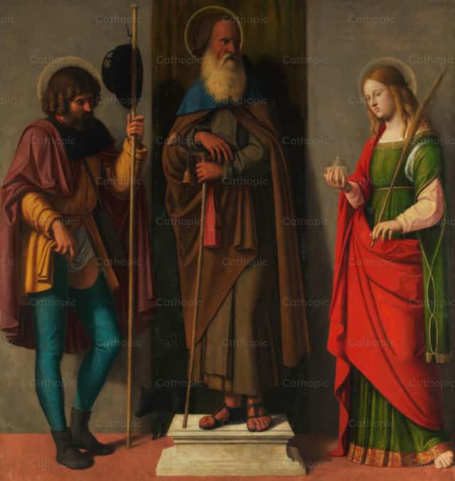 Drei Heilige: Rochus, Antonius Abt und Lucia - Katholische Stockfotos