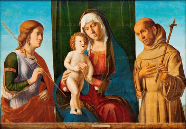Virgen con el Niño entre dos santos - Banco de imágenes católicas - Fotografía por Restored Christian Art
