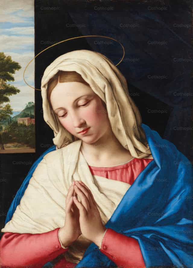 Az imádkozó Madonna, egy táj a túloldalon - Katolikus stockképek