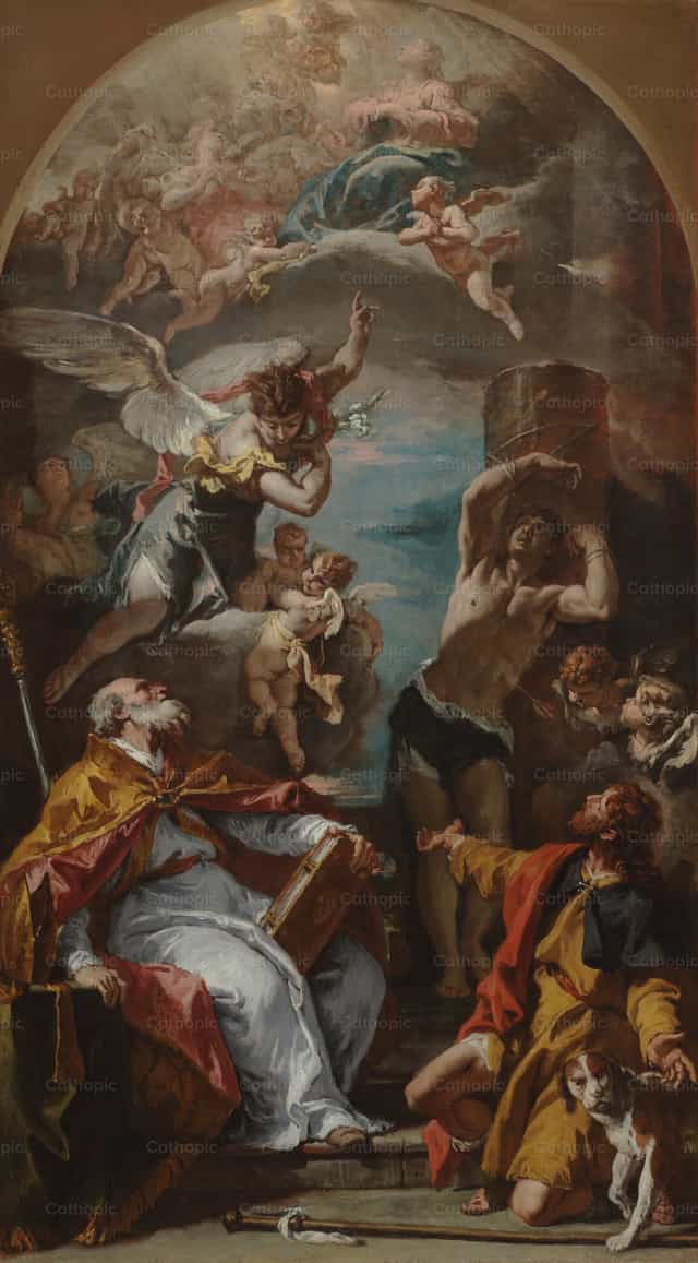 Gloria de la Virgen con el arcángel Gabriel y los santos Eusebio, Roque y Sebastián - Banco de imágenes católicas - Fotografía por Restored Christian Art
