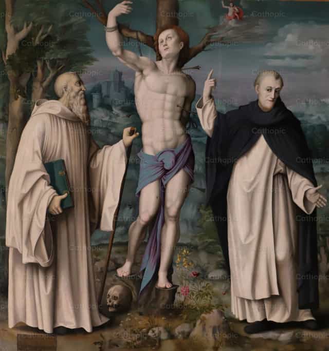Der heilige Sebastian zwischen den Heiligen Romuald und Vinzenz Ferrer - Katholische Stockfotos
