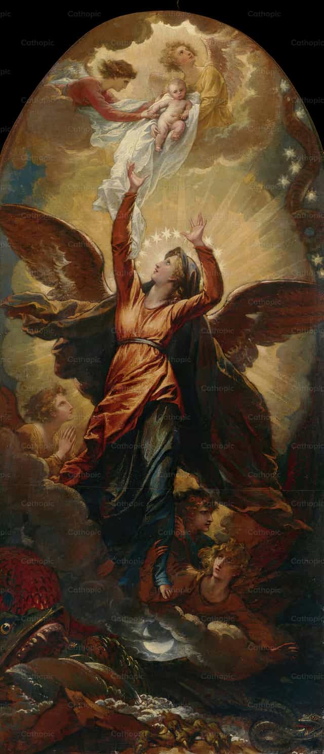 Ang Babaeng Nabibihisan ng Araw na Tumakas Mula sa Pag-uusig ng Dragon - Mga Catholic stock image - Larawan ni Restored Christian Art