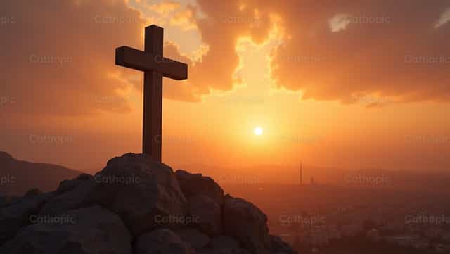 Cruz ao pôr do sol - Imagens católicas de stock