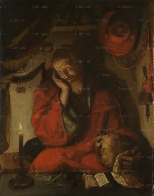 San Jerónimo en su estudio a la luz de las velas - Banco de imágenes católicas - Fotografía por Restored Christian Art