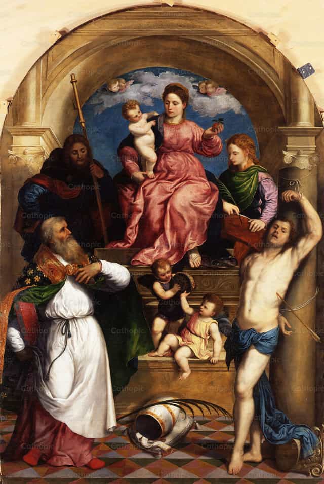 Madonna con il Bambino in trono e santi - Immagini stock cattoliche