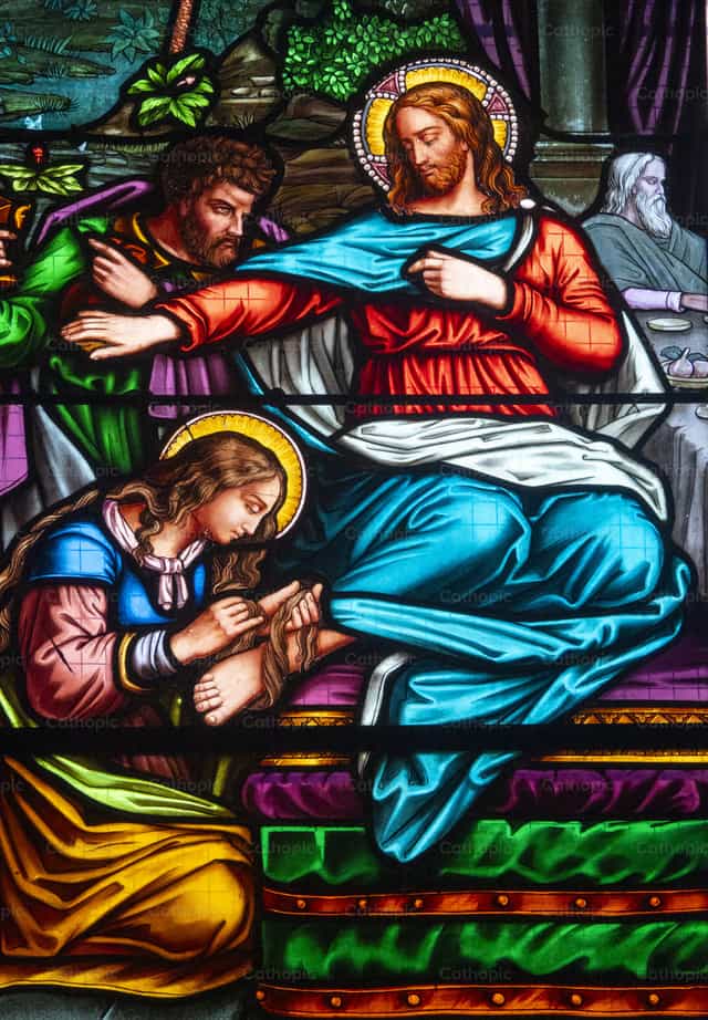 Maria Magdalena obmywa stopy Jezusa Chrystusa - Katolickie zdjęcia stockowe - Zdjęcie: Joan Sutter