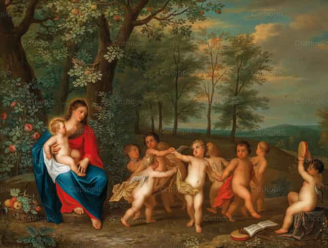La Virgen y el Niño con el ángel danzante - Banco de imágenes católicas