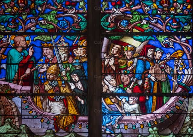 Una barca conducida por Jesús que transportaba cristianos - Banco de imágenes católicas - Fotografía por Joan Sutter