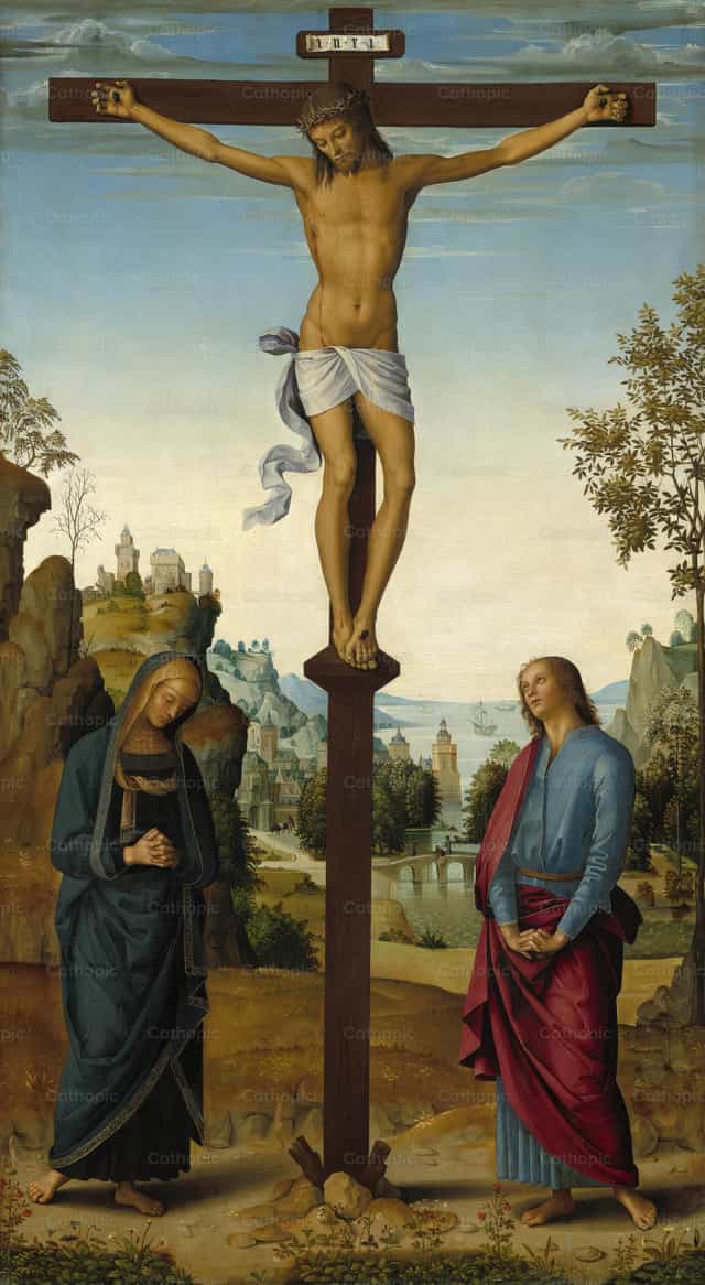 La Crucifixion avec la Vierge, saint Jean, saint Jérôme et sainte Marie-Madeleine - Images catholiques de stock