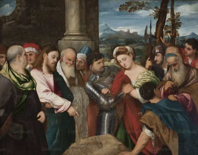 Christus en de overspelige vrouw - Katholieke stockfoto's - Foto door Restored Christian Art